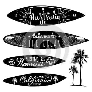 Vector set of vintage surfing logos and t-shirts prints. Take me to the ocean, Australia, California, Hawaii posters.