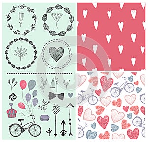 Vector set of vintage wedding design elements, invitation. Seamless hand drawn doodle patterns with hearts and bicycles