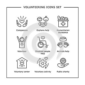 Vector set of volunteering icons. Isolated black pictures on the white background. Volunteer, charity, help, orphans, disabled