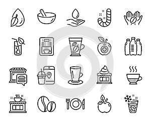 Vector set of Water care, Coffee maker and Medical food line icons set. Vector