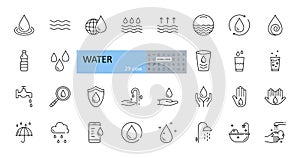 Vector set of water icons. Editable Stroke. A drop of water, on a globe, from a faucet, smartphone, glass, magnifier, washing