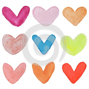 Vector set watercolor hearts, multicolored love set