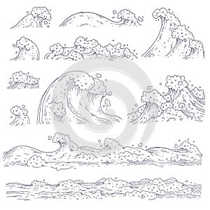 Vector set waves sea ocean. Big and small bursts splash with foam and bubbles. Outline doddle sketch black white