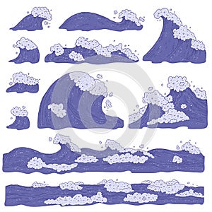 Vector set waves sea ocean. Big and small very peri bursts splash with foam and bubbles. Outline doddle sketch