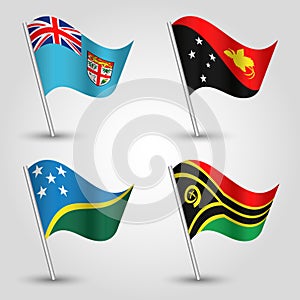 Vector set waving flags melanesia on silver pole - icon of states fiji, papua new guinea, soloman islands, vanuatu