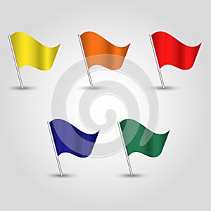 Vector set of waving flags on silver pole - yellow, orange, red, blue, green