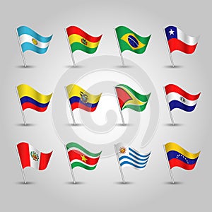 Vector set waving flags southern america on silver pole - icon of states argentina, bolivia, brazil, chile, colombia, ecuador,