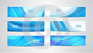 Vector set of wavy banners, blue wave web headers. Water vibrant abstract background, horizontal orientation