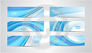 Vector set of wavy banners, blue wave web headers. Water vibrant abstract background, horizontal orientation