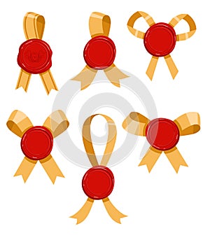 Vector set of wax seal stamp isolated on background. Wax seal with ribbon set. Candle stamp objects with gold ribbons