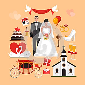 Vector set of wedding ceremony objects. Design elements and icons in flat style