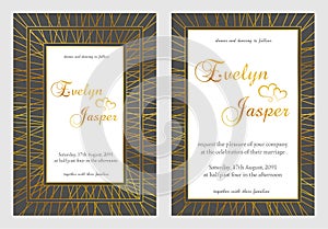 Vector set of wedding invitations. On a dark black gray background with gold lines, stripes, guides. In a decorative rectangle