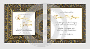 Vector set of wedding invitations. On a dark black gray background with gold lines, stripes, guides. In a decorative square frame