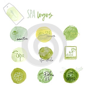 Vector set of wellness spa logos - natural signs and concepts for health centers, yoga classes on green stains