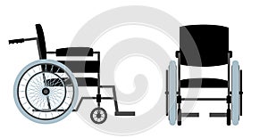 Vector set of wheelchair for disabled person, front, side view. Transport chair for disabled, sick, or injured, medical