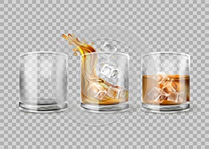 Vector set of whiskey glass isolated on transparent background. Whisky with ice. Glasses with alcohol drink, realistic