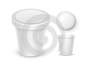 Vector Set of White Blank Food Plastic Tub Bucket Container For Dessert, Yogurt, Ice Cream, Sour Cream with Label
