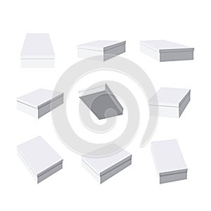 Vector set with white box with top cover drawn in different foreshortening isolated on white background. Collection consists of 9
