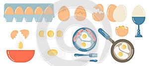 Vector set of white and brown eggs, whole and cut chicken eggs, broken eggs, fried eggs on a frying pan and plate with