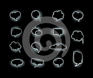 Vector Set of White Chalk Drawn Bubbles Isolated on Black Background, Drawn Speech Bubbles and Clouds.