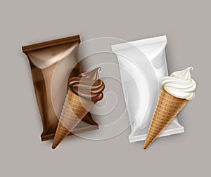 Vector Set of White Classic and Chocolate Soft Serve Ice Cream Waffle Cone with Plastic Wrapper on Background