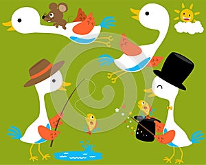 Vector set of white crane cartoon in different action