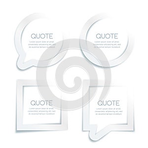 Vector set of white paper quote forms and frames. White 3d background.