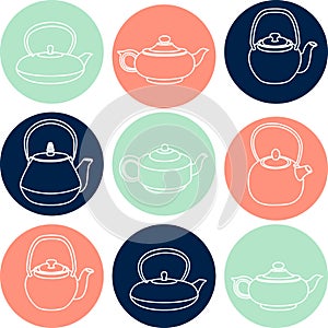 Vector set of white silhouettes teapots icons