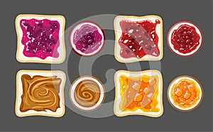Vector set of white toast bread slices with fruit jam