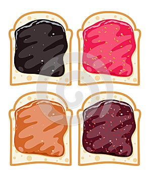 Vector set of white toast bread slices with fruit jam