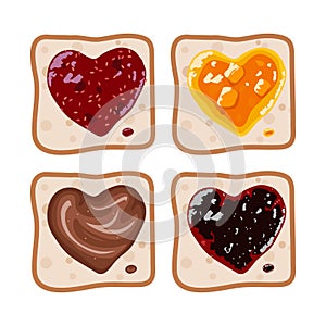 Vector set of white toast bread slices with fruit jam and chocolate