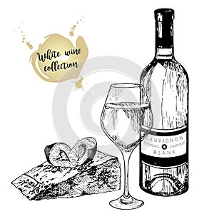 Vector set of white wine in engraved vintage style. Wine bottle, glass, plum and cheese slice. Isolated on white background.