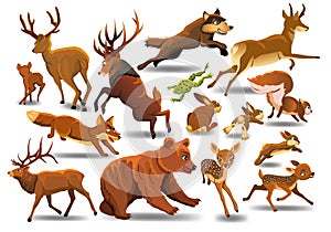 Vector set of wild forest animals like stag, bear, wolf, fox, running