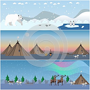 Vector set of wild north landscape posters in flat style.