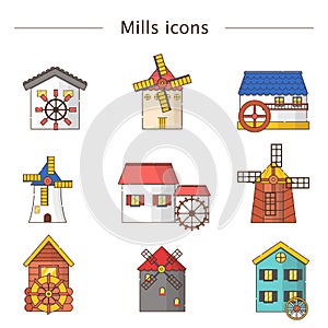 Vector set of windmills and watermills icons isolated on background