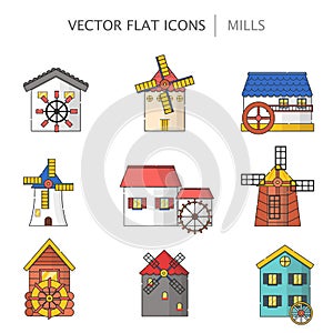 Vector set of windmills and watermills icons isolated on background