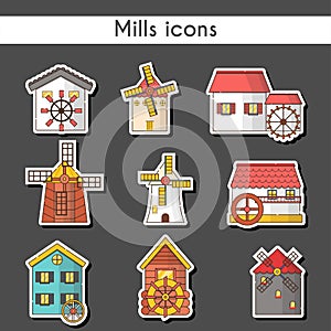 Vector set of windmills and watermills icons isolated on background