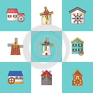 Vector set of windmills and watermills icons isolated on background