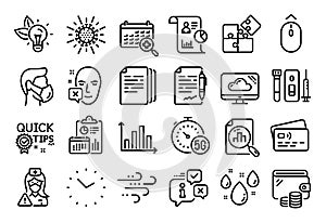 Vector set of Windy weather, Report and Medical calendar line icons set. Vector