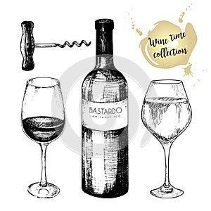 Vector set of wine collection. Engraved vintage style. Glasses, bottle and corkscrew. Isolated on white background.