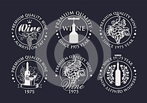 Vector set of wine logos with grapes and bottles