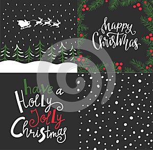 Vector set with winter cards, Christmas elements and lettering- `Happy Christmas` and `Have a holly jolly Christmas`.