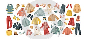The vector set of winter clothes. Coats, hats, gloves, shoes and socks