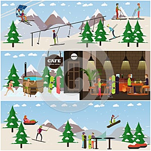 Vector set of winter fun posters, banners in flat style
