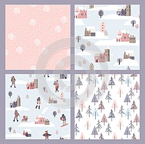 Vector set of winter seamless patterns with people and snow. Trendy hand drawn texture. Design for textile, wall art