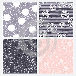 Vector set of winter seamless patterns with snow and snowflakes. Trendy hand drawn texture. Design for textile, wall art