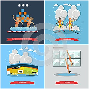 Vector set of winter and water sports concept flat posters