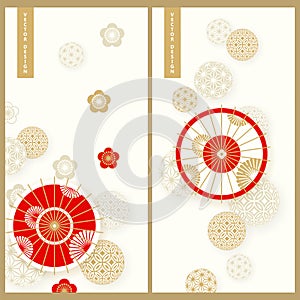 Set wit two cards with japanese traditional umbrellas and temari balls. design for business, products, print, cards photo