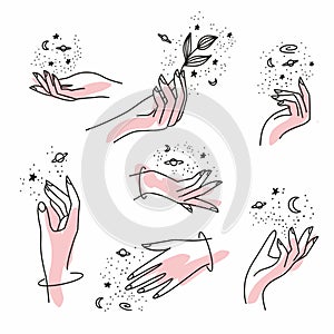 Vector set of a woman`s hand with stars, planets