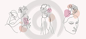 Vector set of women faces, bodies line art illustrations, logos with flowers and leaves, feminine nature concept. Use